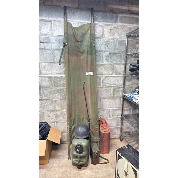 ARMY MOVIE SET PROPS INCLUDING A GURNEY STRETCHER, HELMET, GAS CAN & MORE