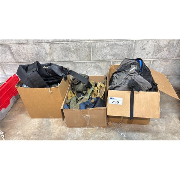 3 BOXES OF BACKPACKS, BAGS, STRAPS & KNEE PADS