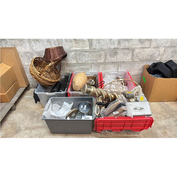 5 BINS OF ASSORTED HOUSEWARE INCLUDING VASES, SERVING TRAYS, BASKETS, DECOR & MORE