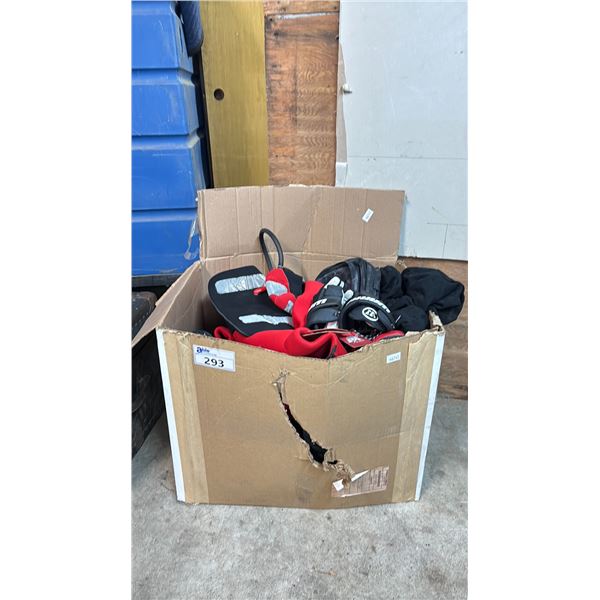 BOX OF MOVIE SET WET SUIT, WARRIOR LACROSSE GLOVES, ASSORTED TACTICAL BAGS & MORE