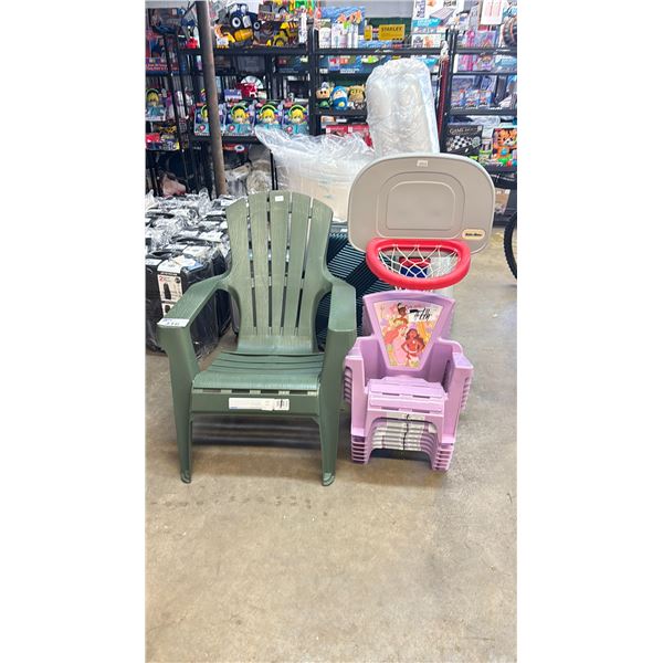 ADIRONDACK CHAIR, 7 KIDS DISNEY ADIRONDACK CHAIRS & LITTLE TIKES BASKETBALL HOOP (HAS WATER IN THE