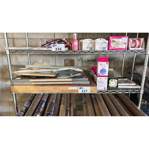 SHELF OF ASSORTED ITEMS INCLUDING; COMPACT SONIC FACIAL CLEANSING BRUSHES, PICTURE FRAMES, ALARM