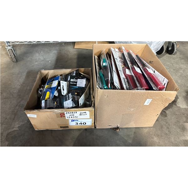 2 BOXES OF ASSORTED ITEMS INCLUDING; BBQ LIGHTERS, TIRE PRESSURE GAUGES & BRAUN SERIES 5 BEARD