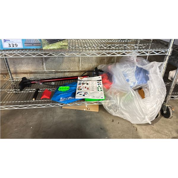 SHELF OF ASSORTED ITEMS INCLUDING; MONSTER JAM SUPERCHARGE SPEEDWAY, BIKE PUMP & MORE