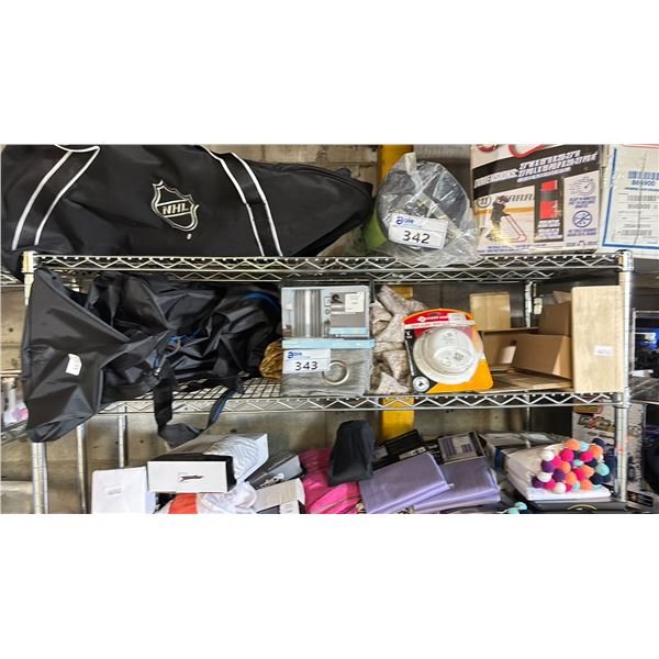 SHELF OF ASSORTED ITEMS INCLUDING; JUNIOR HOCKEY BAG, GROMMET PANEL CURTAINS, SMOKE ALARM & MORE\