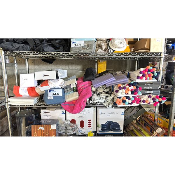 SHELF OF ASSORTED ITEMS INCLUDING; BLACKOUT CURTAINS, IRONING BOARD COVER, PILLOWCASES & MORE