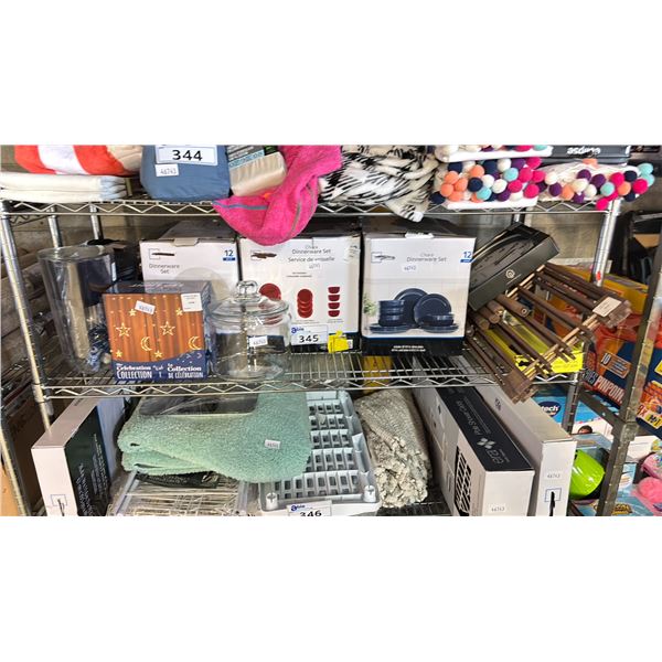 SHELF OF ASSORTED ITEMS INCLUDING; MAINSTAYS DINNERWARE SETS, SHOE RACK, BRITA PITCHER & MORE