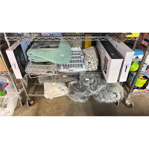 2 SHELVES OF ASSORTED ITEMS INCLUDING; SHELVING UNIT, SHOE RACK, SHOWER CADDY, CUSHIONS & MORE