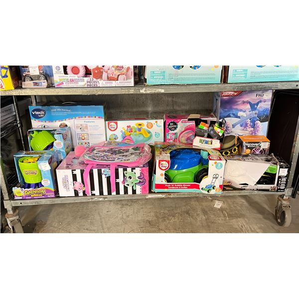 SHELF OF ASSORTED ITEMS INCLUDING; GAZILLION BUBBLES TORNADO, RUBIKS CUBES, FORZA MOTORSPORT RC CAR