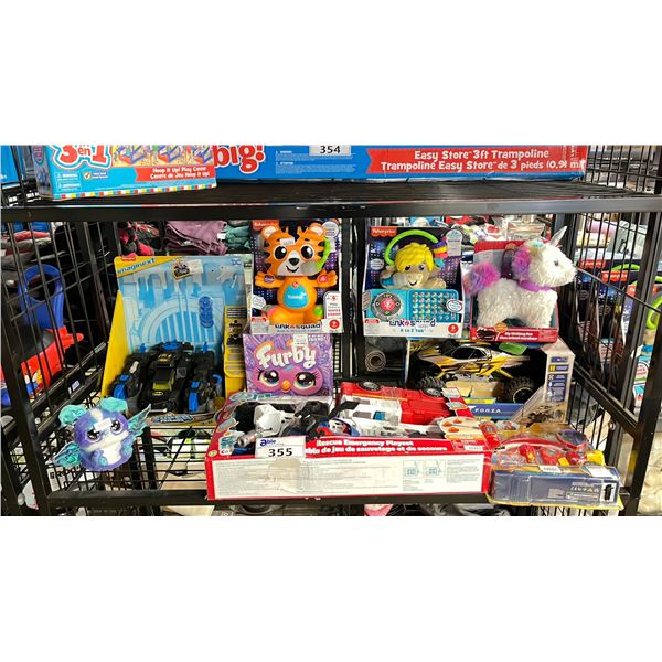 SHELF OF ASSORTED TOYS INCLUDING; RESCUE EMERGENCY PLAYSET, FURBY, FORZA MOTORSPORT RC CAR & MORE