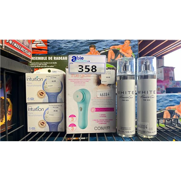 ASSORTED BEAUTY PRODUCTS INCLUDING; INTUITION RAZOR REPLACEMENTS, TRUE GLOW BATTERY OPERATED SONIC
