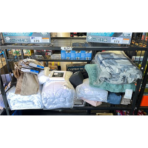 SHELF OF ASSORTED ITEMS INCLUDING; BEDDING, FRAMED WALL DECOR, CURTAINS & MORE