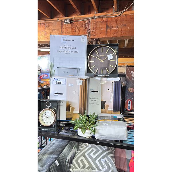 ASSORTED ITEMS INCLUDING; 3 DRAWER WIDE FABRIC CART, FLOOR LAMPS, WALL CLOCKS & MORE
