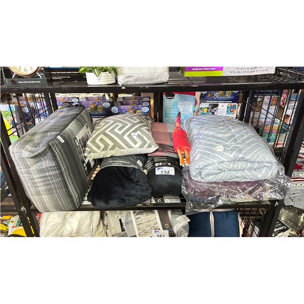 SHELF OF ASSORTED BEDDING & CHICKEN DOG TOY