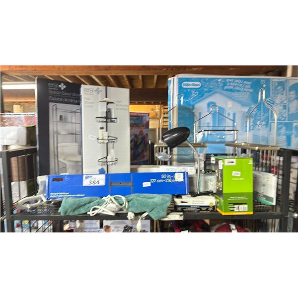 SHELF OF ASSORTED IETMS INCLUDING; SPACE SAVER BATHROOM SHELVING UNIT, POLE SHOWER CADDY, TV WALL
