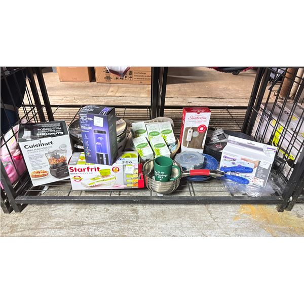 SHELF OF ASSORTED ITEMS INCLUDING; STARFRIT EASY MONDOLINE, CUISINART MINI CHOPPER, ALOE EXFOLIANT
