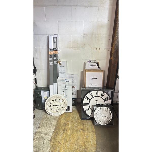 ASSORTED ITEMS INCLUDING; FLOOR LAMP, DRAPERY ROD SETS, POLE SHOWER CADDY & MORE