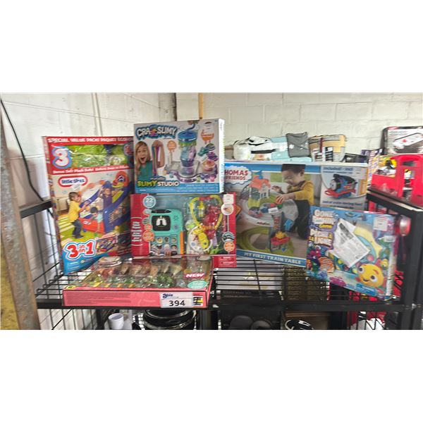 SHELF OF ASSORTED ITEMS INCLUDING; LITTLE TIKES 3-IN-1 HOOP IT UP! PLAY CENTER, GONE FISHIN' GAME,