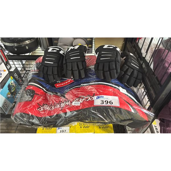 PAIR OF ROAD WARRIOR STREET HOCKEY GOALIE LEG PADS & 2 PAIRS OF CCM STREET HOCKEY JUNIOR GLOVES