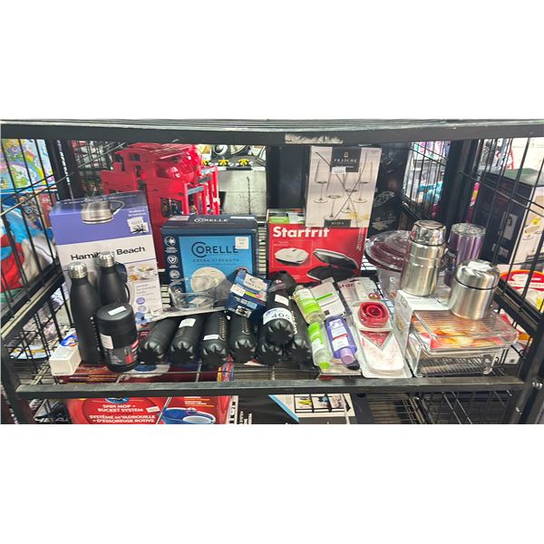 SHELF OF ASSORTED ITEMS INCLUDING; CORELLE DINNERWARE SET, WATER BOTTLES, STARFRIT GRILL & PANINI