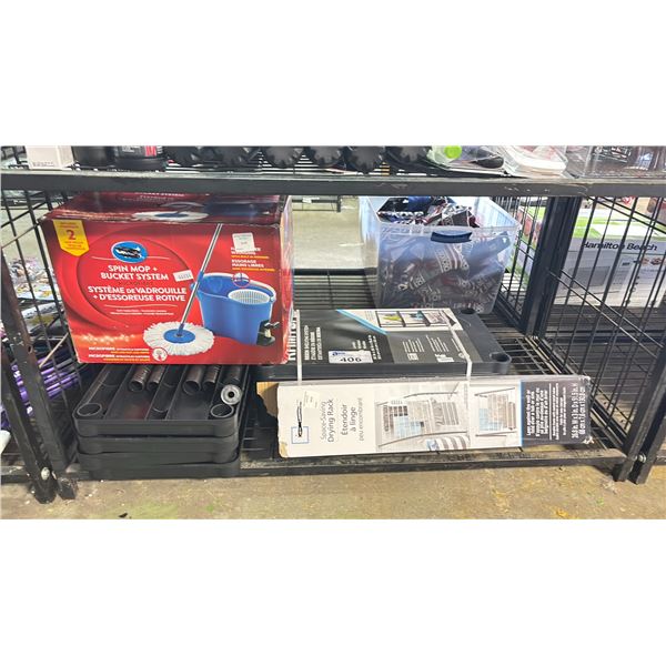 SHELF OF ASSORTED ITEMS INCLUDING; SPIN MOP + BUCKET SYSTEM, SPACE SAVING DRYING RACK, RESIN