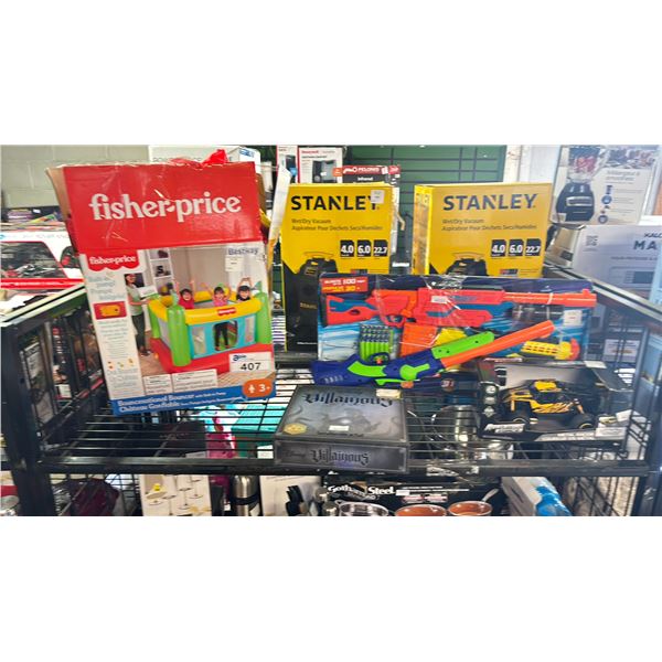 SHELF OF ASSORTED ITEMS INCLUDING; FISHER PRICE BOUNCESATINOAL BOUNCER, DISNEY VILLAINOUS BOARD