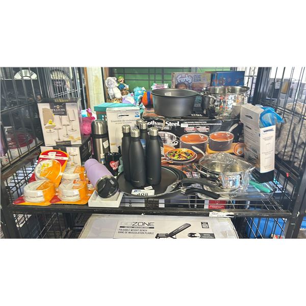 SHELF OF ASSORTED ITEMS INCLUDING; SMOKE ALARMS, GOTHAM STEEL DIAMOND POT & PAN SET, KNIFE BLOCK