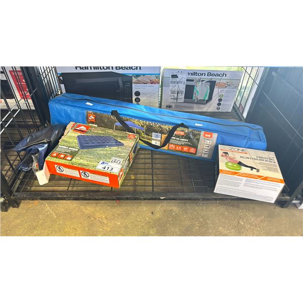 SHELF OF ASSORTED ITEMS INCLUDING; OZARK TRAIL SLANT LEG CANOPY, OZARK TRAIL DOUBLE AIRBED & GOZONE