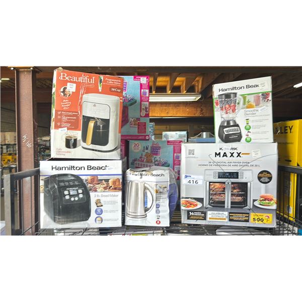 SHELF OF ASSORTED ITEMS INCLUDING; BEAUTIFUL PROGRAMMABLE COFFEE MAKER, HAMILTON BEACH BREAD MAKER,