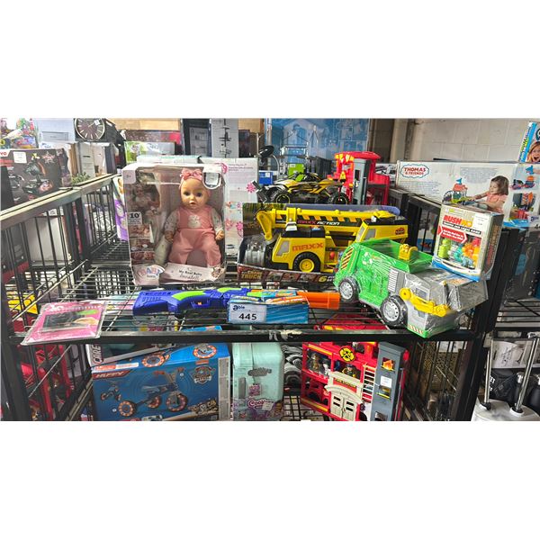 SHELF OF ASSORTED ITEMS INCLUDING; BABY BORN MY REAL BABY ANNABELL DOLL, MAXXACTION 3-IN-1 CRANE