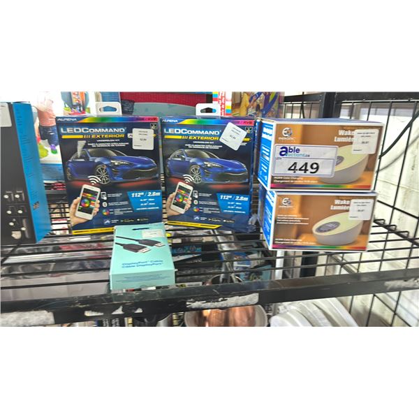 ASSORTED ITEMS INCLUDING; LEDCOMMAND LED EXTERIOR CAR LIGHTING, DISPLAYPORT CABLE & 2 WAKE UP
