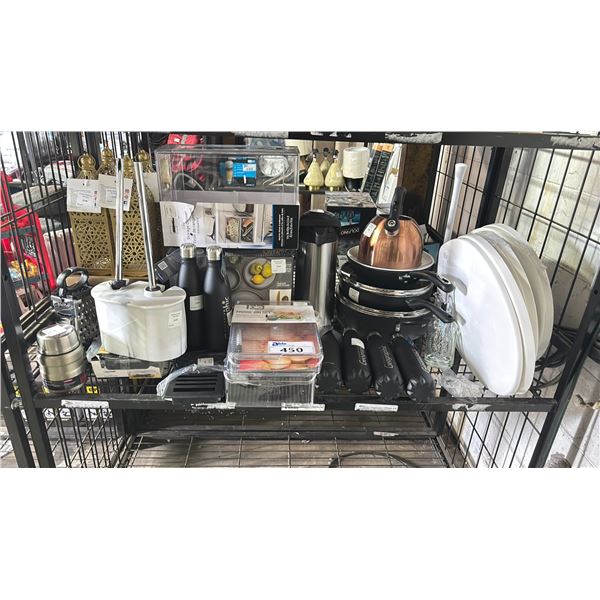 SHELF OF ASSORTED ITEMS INCLUDING; TOILET SEATS, TOILET BRUSH HOLDER, CLEAR STORAGE DRAWER & MORE