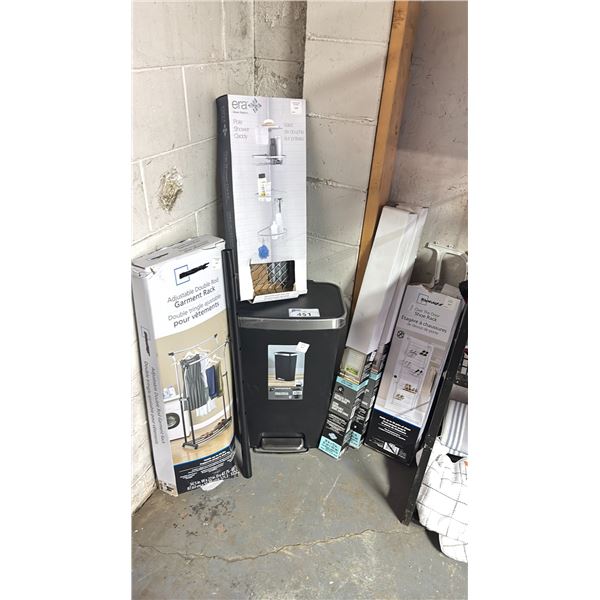ASSORTED ITEMS INCLUDING; ADJUSTABLE DOUBLE ROD GARMENT RACK, POLE SHOWER CADDY, WASTE BIN & MORE