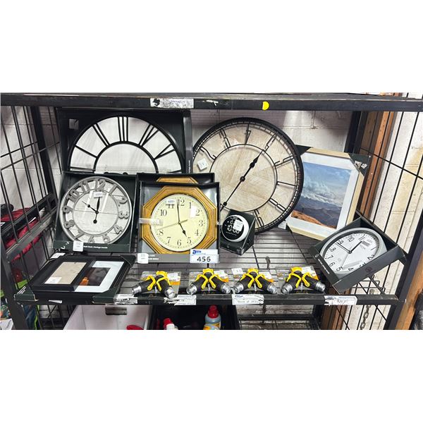 SHELF OF ASSORTED ITEMS INCLUDING; METAL EZFLOW 2-WAY CONTROL VALVES, WALL CLOCKS & PICTURE FRAMES