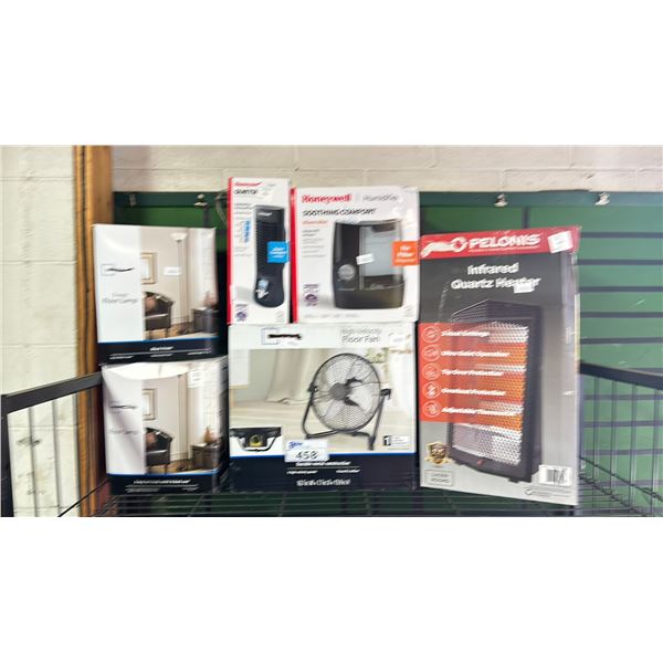 SHELF OF ASSORTED ITEMS INCLUDING; FLOOR LAMPS, HIGH VELOCITY FLOOR FAN, INFRARED QUARTZ HEATER &