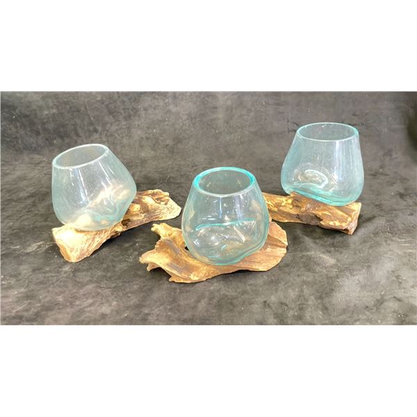 HAND MADE MOLTEN GLASS BOWLS ON TEAK BASES