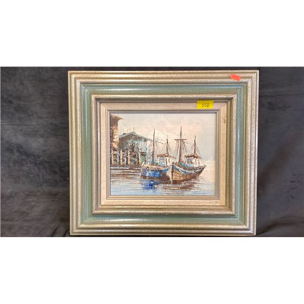 ORIGINAL OIL ON CANVAS BOAT PAINTING APPROX 17" X 15"