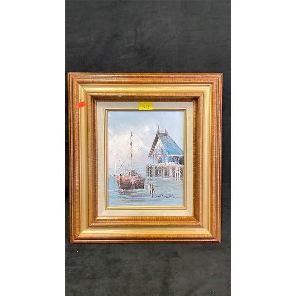 ORIGINAL OIL ON CANVAS BOAT PAINTING APPROX 17  X 15 