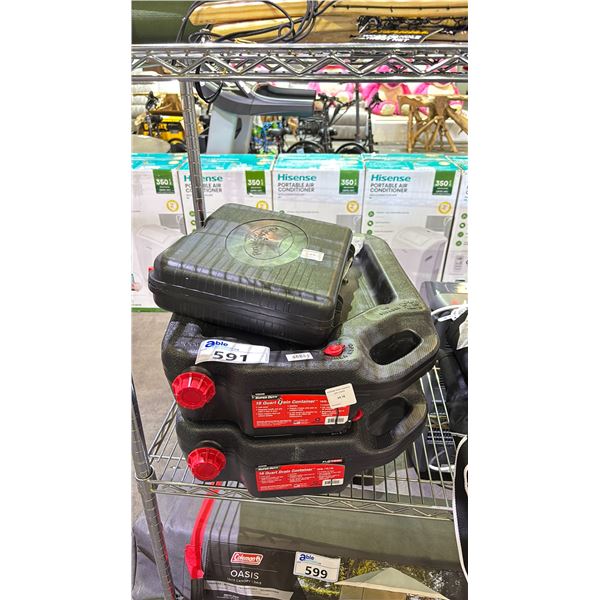 2 SUPER DUTY 16 QUART DRAIN CONTAINERS & A PORTABLE GAS STOVE IN A HARD TRANSPORT CASE