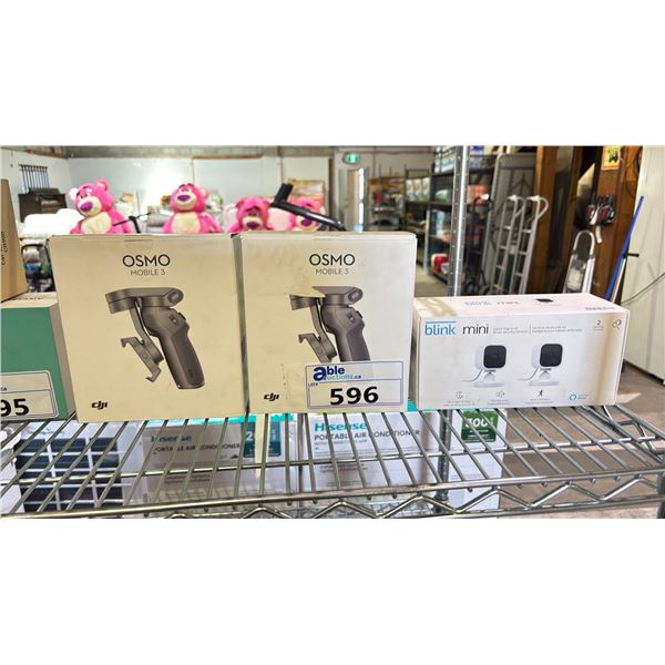 PAIR OF OSMO MOBILE 3 GIMBAL STABILIZERS & A BLINK MINI INDOOR PLUG-IN HD SMART SECURITY CAMERAS