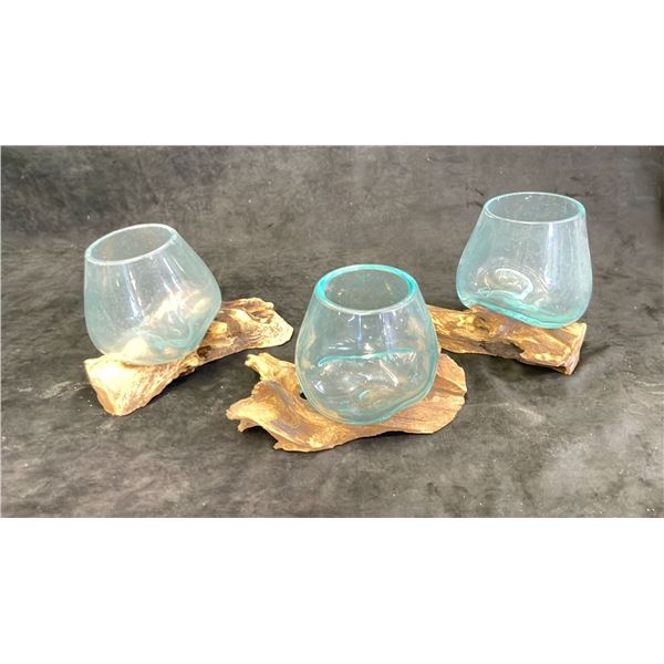 HAND MADE MOLTEN GLASS BOWLS ON TEAK BASES
