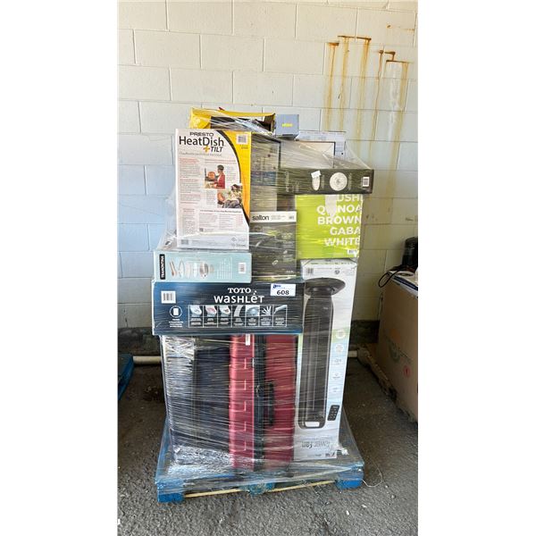 PALLET OF ASSORTED SMALL APPLIANCES INCLUDING KETTLE, VACUUM, TOWER FANS, WATER FLOSSERS,