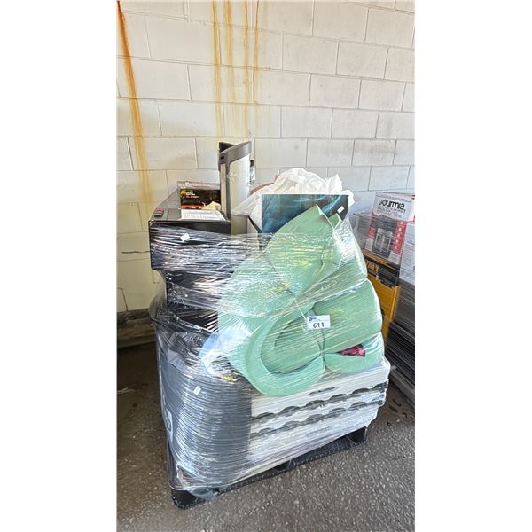 PALLET OF 6' FOLDING TABLES, FOAMY MATTRESS, TOWER FANS, KAYAK,  SUITCASE & MORE