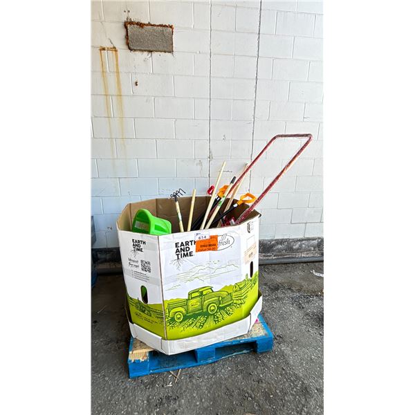 PALLET OF SHOVELS, GARDEN TOOLS & A SLED *MUST TAKE ALL ON PALLET*