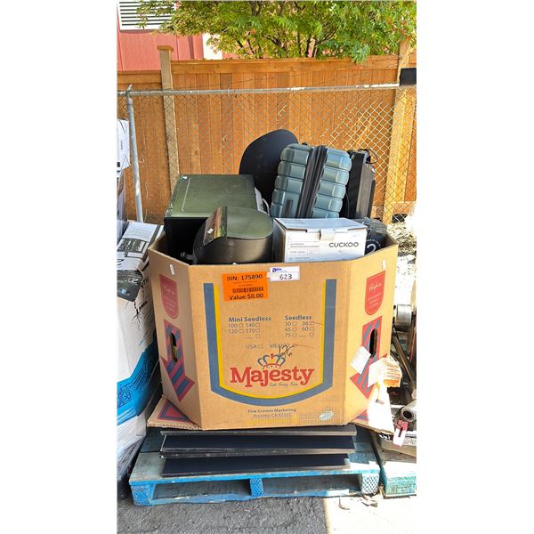 PALLET OF ASSORTED SMALL APPLIANCES INCLUDING TOWER FANS, AIR FRYER, MICROWAVE, LUGGAGE, WATER