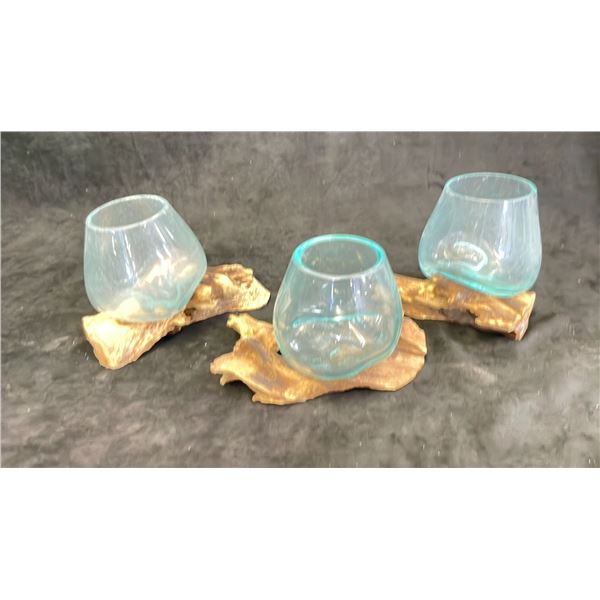 HAND MADE MOLTEN GLASS BOWLS ON TEAK BASES