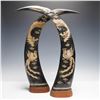 Image 1 : Pair of Arched Horns with Carved Dragon and Phoenix Motifs