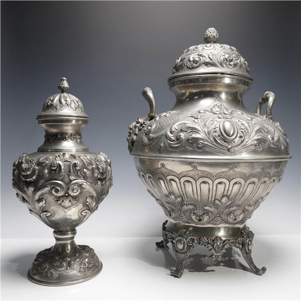 Pair of  J. Dores Ornate Portuguese Pewter Lidded Wine Urns