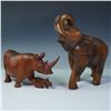 Image 1 : 2pc Hand-Carved Wooden Elephant and Rhinoceros with Calve