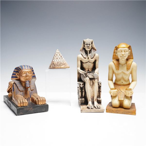 4pc Egyptian Style Figures, Pharaohs, Sphinx and Pyramid